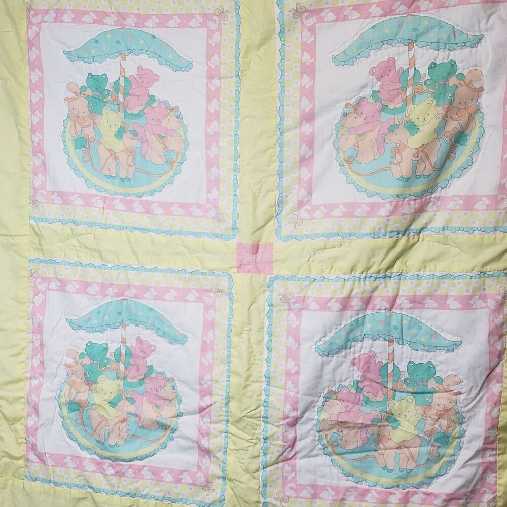 Vtg 80s Pastel Baby Hand Sewn Quilt Blanket Carousel Teddy Bear Yellow Pink Blue
